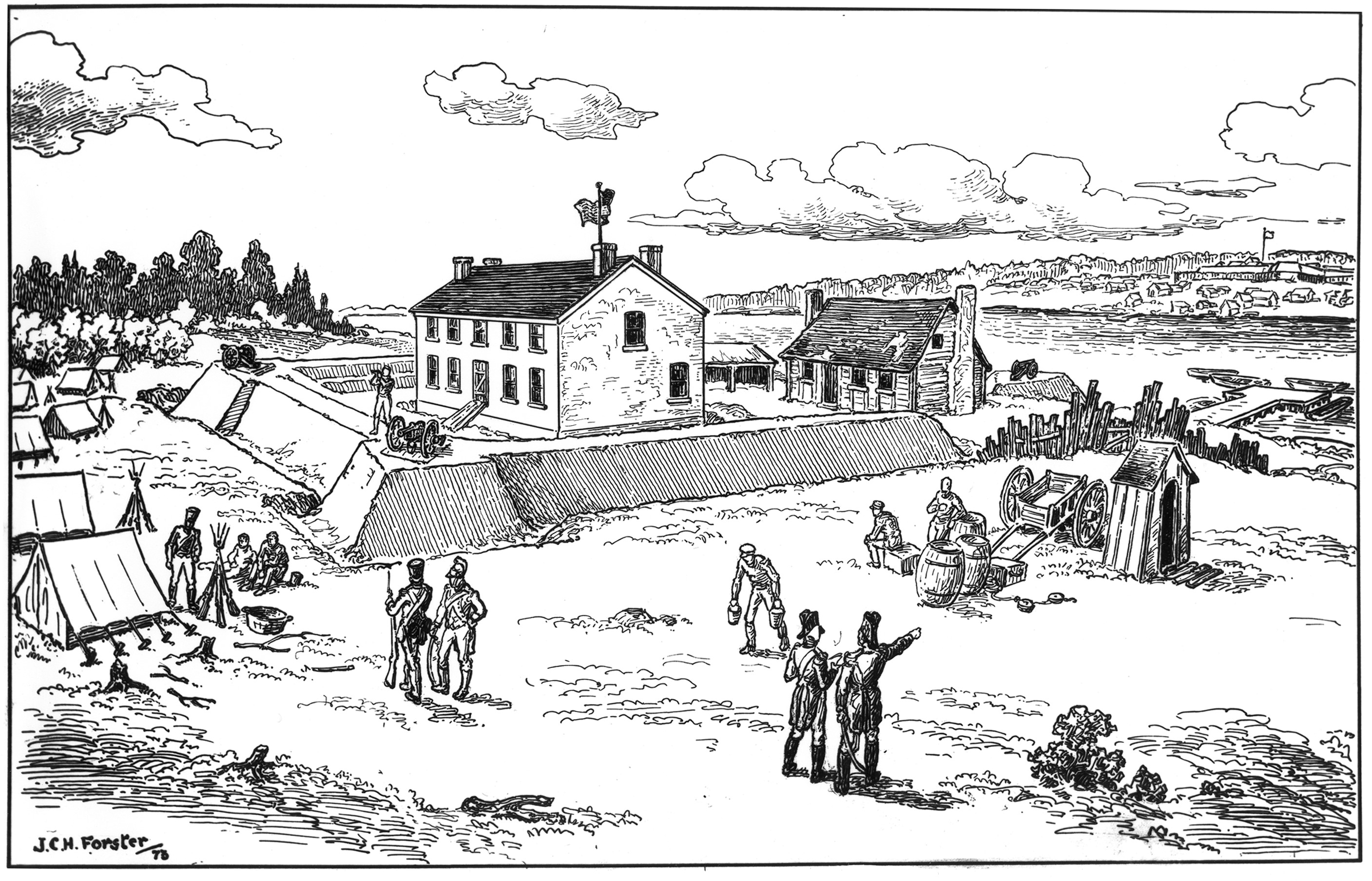 Home of François Baby in Sandwich, also known Port Hope, was the headquarters of U.S. Brigadier General Hull in summer 1812.  Painting by J.C.H. Forster courtesy of Windsor's Community Museum, P5388.