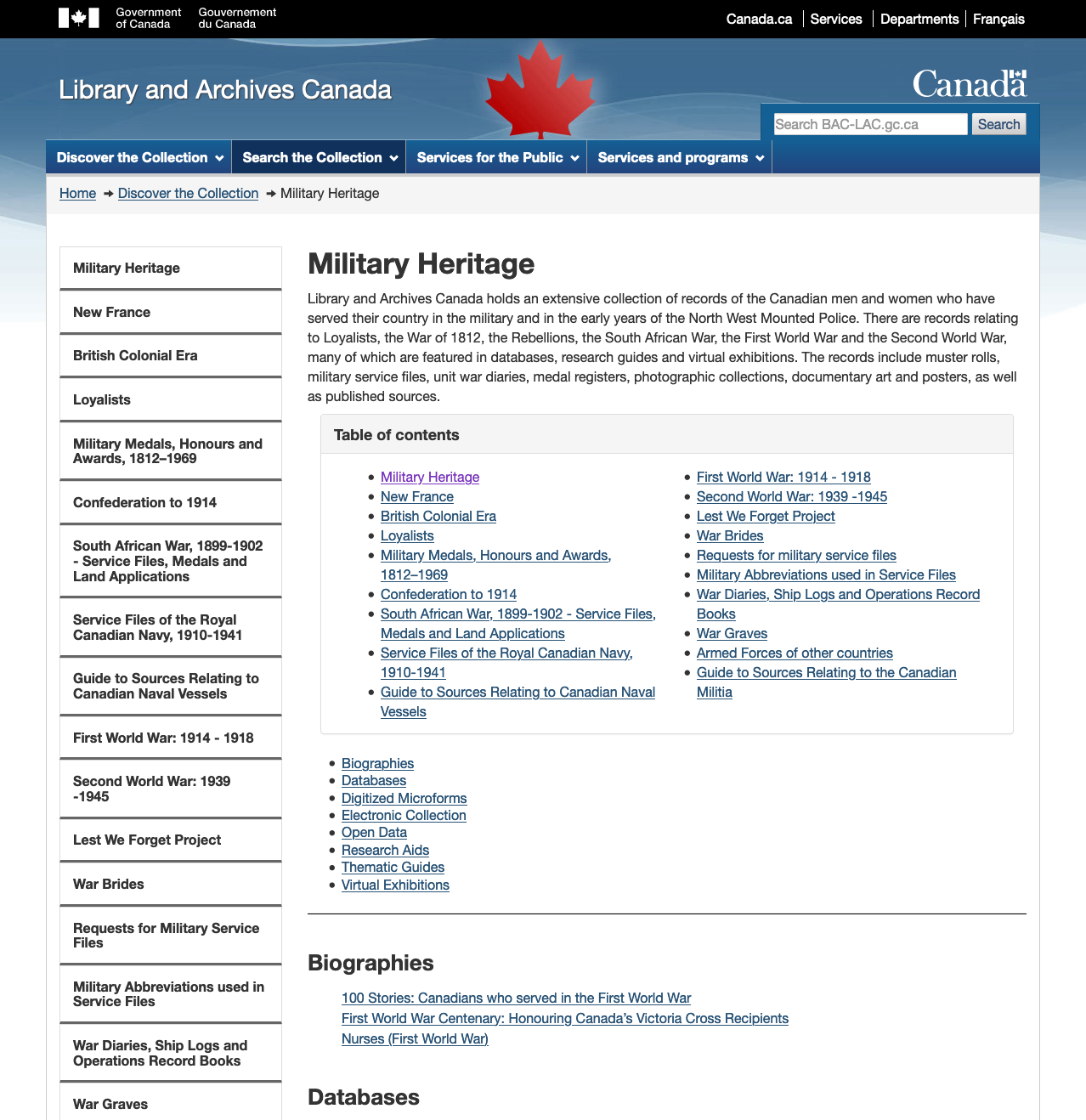 Screenshot: Library and Archives Canada Military Heritage