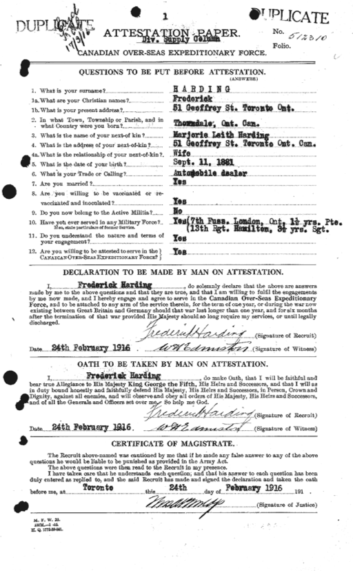 Attestation Paper Frederick Harding 1916