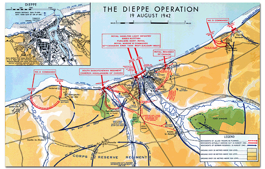 Map of the Dieppe Raid - Op JUBILEE, August 19, 1942.  Reproduced with permission of Public Works and Government Services Canada.